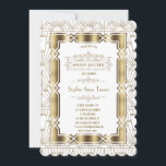 Gold White Art Deco Gatsby 20s Style Sweet 16 Einladung<br><div class="desc">Elegantes,  romantisches Art Deco Great Gatsby Stil Design. Es ist im Art-Déco-Stil,  Imitate goldgeflochtene Folie eckig,  Ziergegenstände,  prächtige Vintage Schriftart,  auf einem weißen,  vergoldeten Art Deco Hintergrund. Verwenden Sie das Tool Anpassen,  um Ihre Informationen hinzuzufügen. Für passende Artikel besuchen Sie bitte meine anguläre Art Style Collection</div>