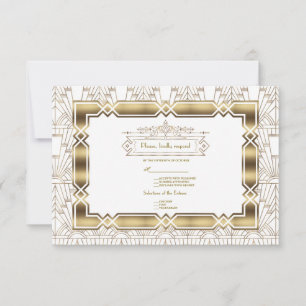 Gold White Art Deco Gatsby 20s Style Wedding RSVP Karte