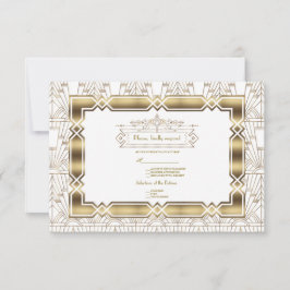 Gold White Art Deco Gatsby 20s Style Wedding RSVP Karte