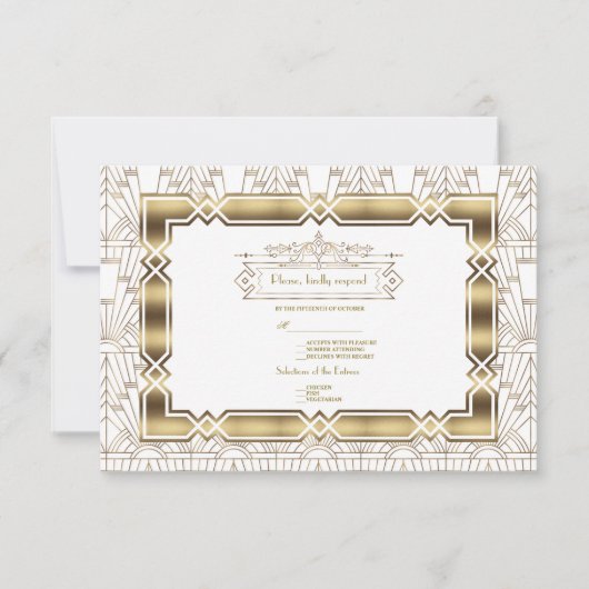 Gold White Art Deco Gatsby 20s Style Wedding RSVP Karte (Vorderseite)