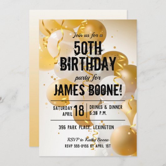 Gold White Balloons Geburtstagsparty Einladungen (Vorne/Hinten)