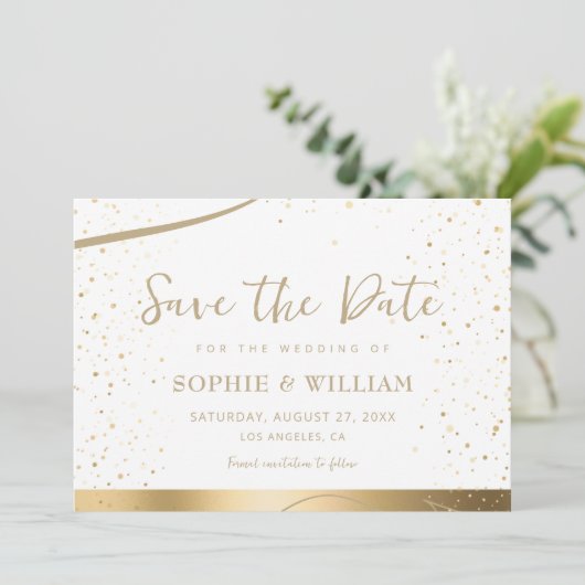 Gold & White Beautiful Elegante Hochzeit Save The Date (Stehend Vorderseite)