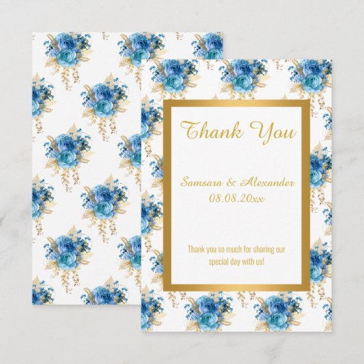 GOLD WHITE BLUE FLORAL Danke Karte (Vorne/Hinten)