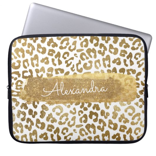 Gold & White Cheetah Print mit Gold Glitzer Laptopschutzhülle (Vorderseite)