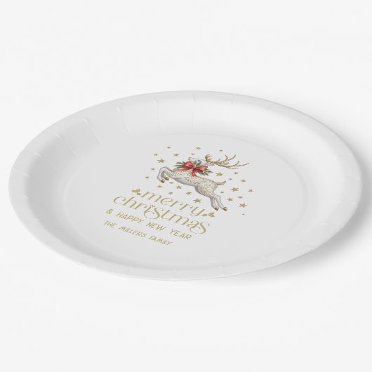 Gold White Christmas Reindeer Pappteller (Schrägansicht)