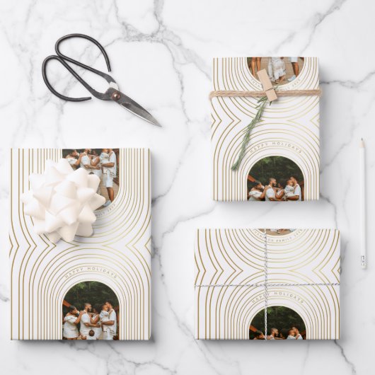Gold White Custom Foto Family Weihnachten Geschenkpapier Set (Vorderseite)