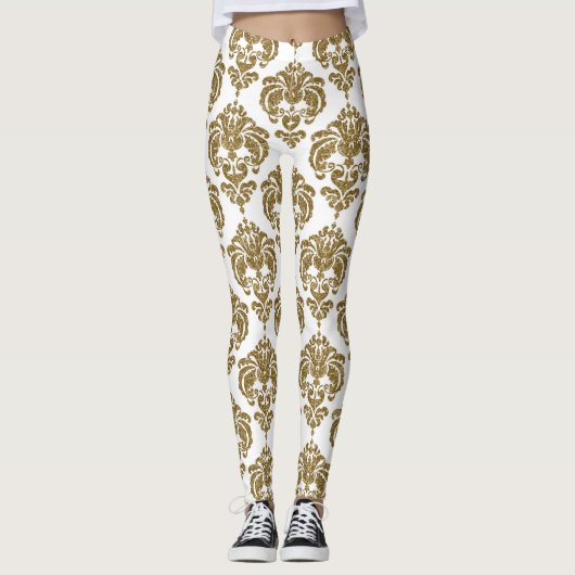 Gold & White Damask Chic Modernes elegantes Muster Leggings (Vorderseite)
