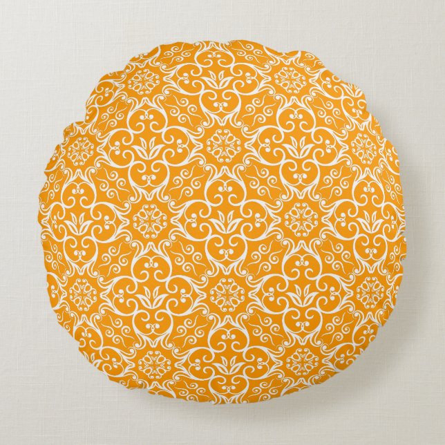 Gold & White Damask Rundkissen Rundes Kissen (Vorderseite)