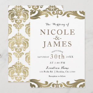 Gold & White Damast Chic Elegant Minimale Hochzeit Einladung