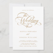 Gold & White Delicate Hochzeit mit elegantem Scrip Einladung (Vorderseite)
