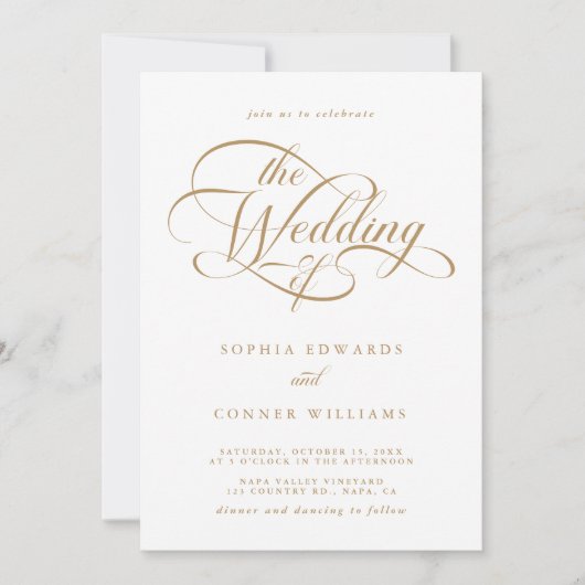 Gold & White Delicate Hochzeit mit elegantem Scrip Einladung (Vorderseite)