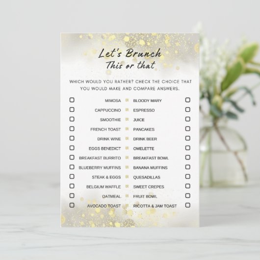 Gold White Dieses oder jenes Brunch Party Game Einladung (Stehend Vorderseite)