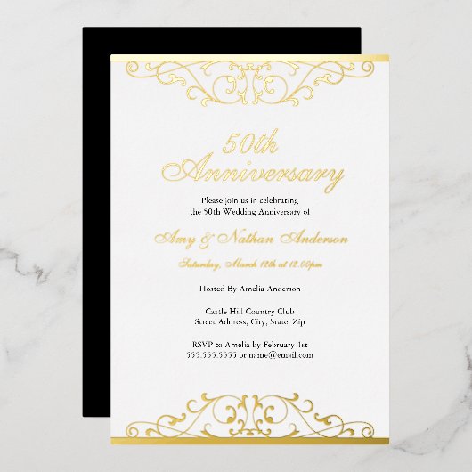 Gold White Elegant Swirl 50th Wedding Anniversary  Folieneinladung (Vorderseite/Rückseite)