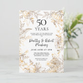 Gold White Floral 50 Jahre Jubiläum Einladung (Stehend Vorderseite)