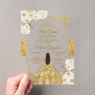 Gold & White Floral Geburtstag Crown Mis Quince Acryleinladungen