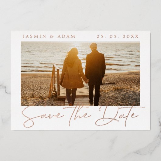 Gold White Foto Wedding Save the Date Rose Folieneinladung (Vorderseite)