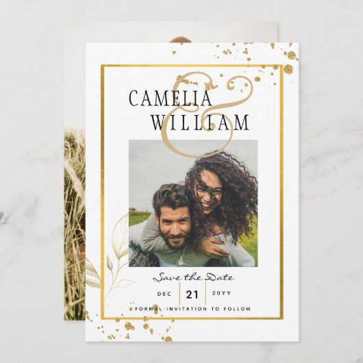GOLD White FOTO Wedding Set Modernes Classic Einladung (Vorne/Hinten)