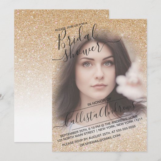 Gold White Funkelnd Glitzer Foto Brautparty Einladung (Vorne/Hinten)