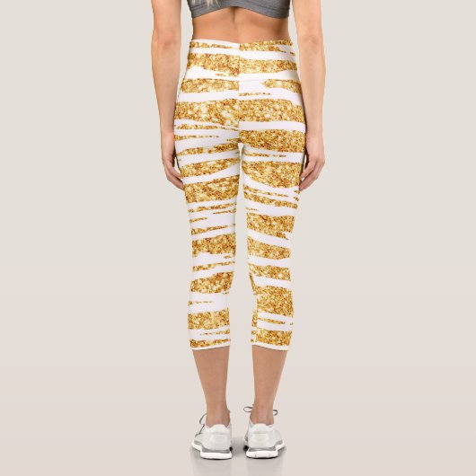 Gold White Glitzer Boho Populäre Tiger Collection Capri Leggings (Rückseite)