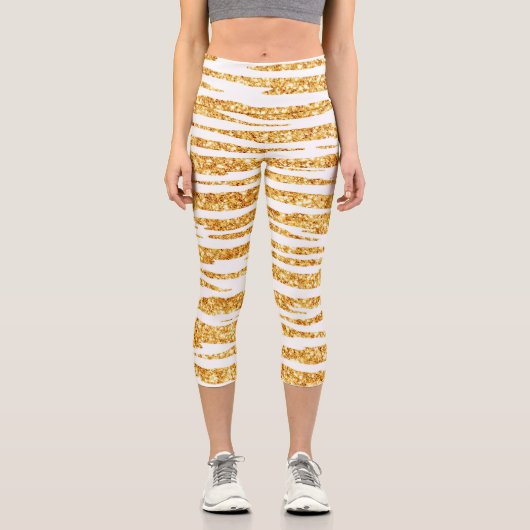 Gold White Glitzer Boho Populäre Tiger Collection Capri Leggings (Vorderseite)
