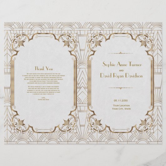 Gold White Great Gatsby Art Deco Wedding Programm (Vorderseite)
