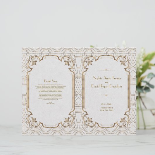 Gold White Great Gatsby Art Deco Wedding Programm (Stehend Vorderseite)
