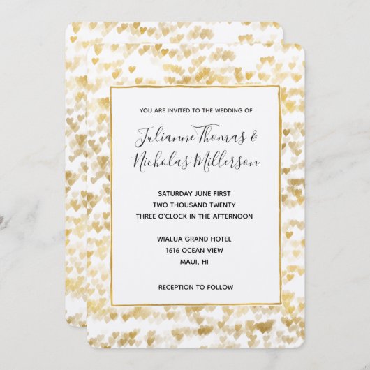 Gold White Hearts Wedding Einladungen (Vorne/Hinten)
