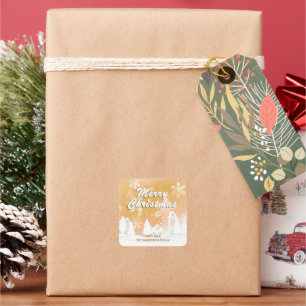 Gold White House Snowflakes Frohe Weihnachten Quadratischer Aufkleber