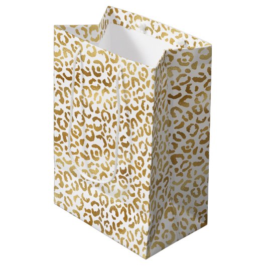 Gold White Leopard Print Mittlere Geschenktüte (Vorderseite Schrägansicht)