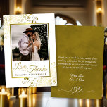 Gold & White Liebe & Danke Foto & Note Wedding<br><div class="desc">Diese wunderschönen Hochzeitskarten zeigen Ihr Foto in einem goldenen Rahmen aus Imitaten, umgeben von verzierten goldenen Imitaten Foliengurmen und Wirbel. Die Beschriftung lautet: Liebe und Danke, mit Ihren Namen unten. Der Rücken ist eine goldfarbene Marmorfarbe mit einer romantisch verlinkten Herzgrafik und Platz für eine individuelle Note & Unterschrift. Einfach, stilvoll...</div>