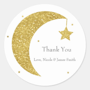 Gold & White Mond & Sterne Baby Shower Geschenk Runder Aufkleber