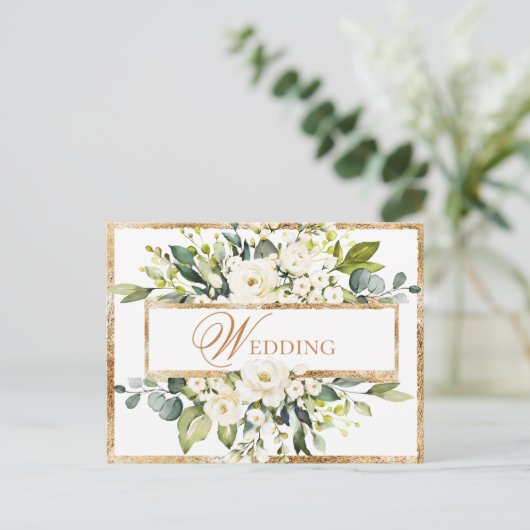 Gold White Monogram Floral Wedding Save the Date Postkarte (Stehend Vorderseite)