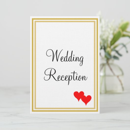 Gold White Monogram Wedding Reception Red Hearts Einladung (Stehend Vorderseite)