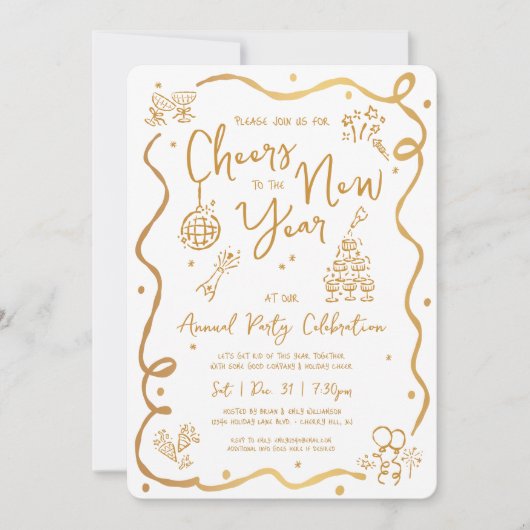 Gold White New Year Cheer Hand Drawn Sketch Party Einladung (Vorderseite)