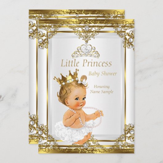 Gold White Pearl Princess Baby Dusche Blonde Baby Einladung (Vorne/Hinten)