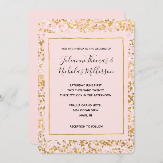 Gold White Pink Confetti Wedding Einladungen (Vorne/Hinten)