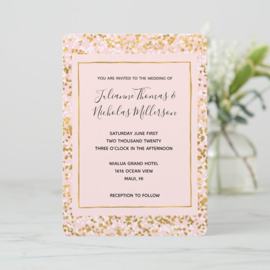 Gold White Pink Confetti Wedding Einladungen (Stehend Vorderseite)