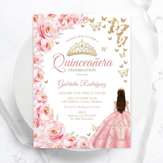 Gold White Pink Floral Quinceanera Einladung