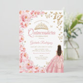 Gold White Pink Floral Quinceanera Einladung (Stehend Vorderseite)
