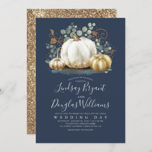 Gold White Pumpkins Rustic Navy Blue Hochzeit im H Einladung (Vorne/Hinten)