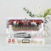Gold White & Red City Lights Limo Hollywood Party Einladung (Stehend Vorderseite)