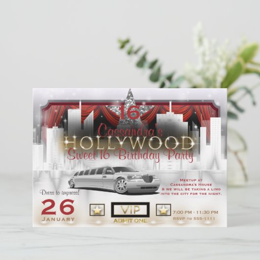Gold White & Red City Lights Limo Hollywood Party Einladung (Stehend Vorderseite)