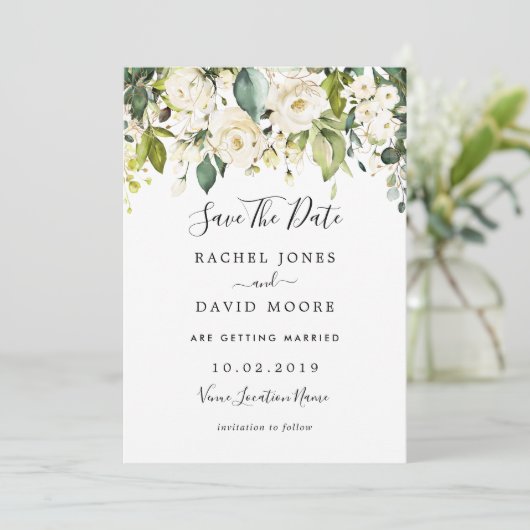 Gold White Rose Hochzeit speichern das Datum Einladung (Stehend Vorderseite)