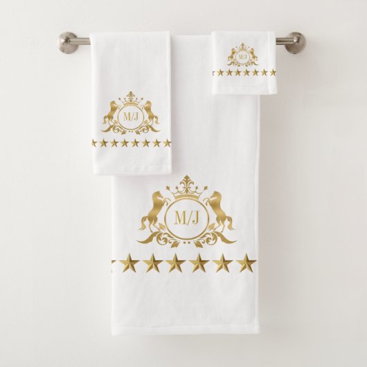 Gold White Royal Scrolls Crown Horses Monogram Badhandtuch Set (Insitu)