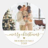 Gold White Script Familie Foto Frohe Weihnachten Runder Aufkleber (Vorderseite)