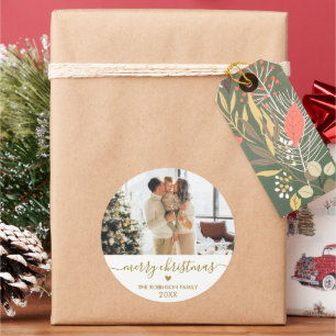 Gold White Script Familie Foto Frohe Weihnachten Runder Aufkleber