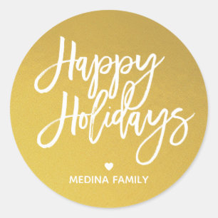 Gold White Script Happy Holidays Runder Aufkleber