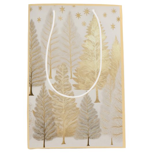 Gold White Silver Christmas Pine Trees Geschenktas Mittlere Geschenktüte (Vorderseite)