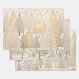 Gold White Silver Weihnachtsbaumen Geschenkpapier Set