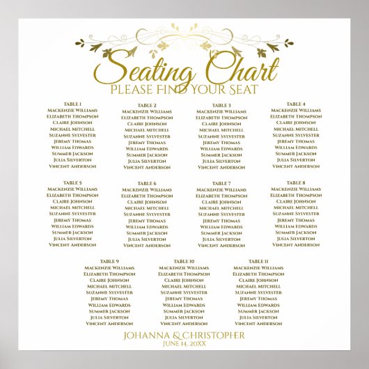 Gold & White Simple 11 Table Wedding Seating Chart Poster (Vorne)